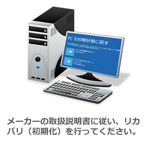 メーカーの取扱説明書に従い、リカバリ（初期化）を行ってください。
